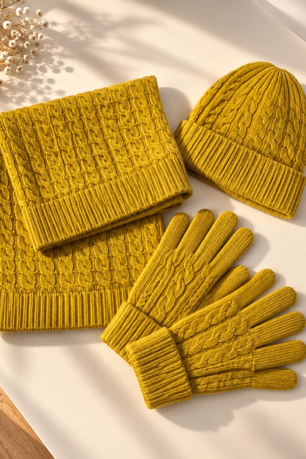 Women's Knitted Scarf, Beanie, Gloves 3-Piece Winter Accessory Set