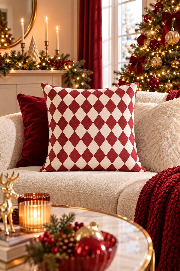 Double-Sided Printed Heritage Patterned Throw Pillow Cover - 43X43 cm - Diamond Pattern on Red Background