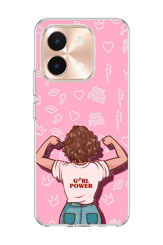 Vivo Y28 Compatible Strong Women's Pink Printed Transparent Phone Case