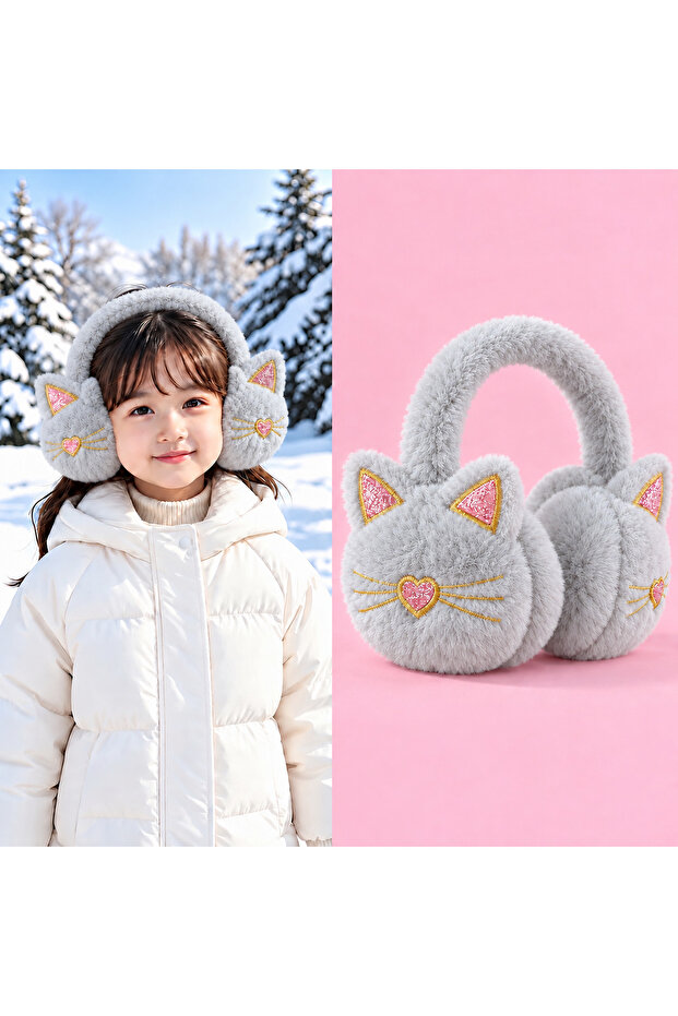 Cute Cat Glittery Ears Hello Kitty Patterned Gray Young Girls' Plush Ear Muffs Cat Furry Bowknot Winter Ear Warmer Hat Cold-Proof