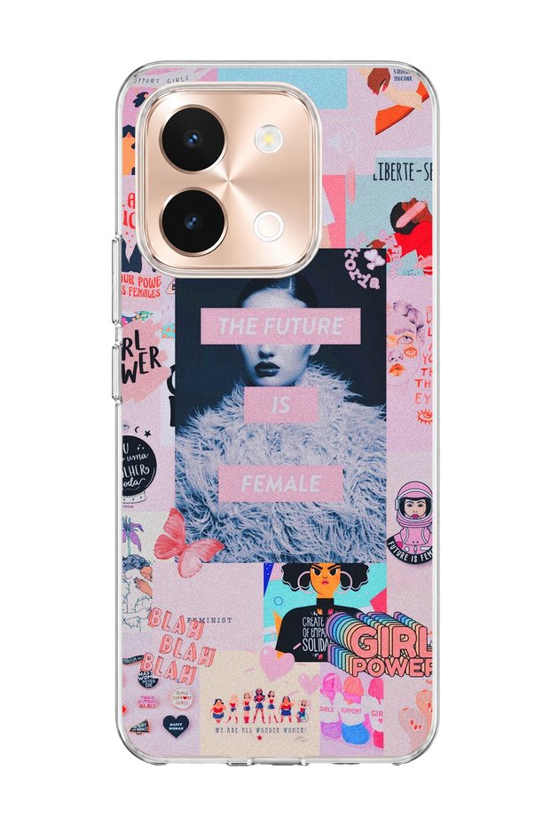 Vivo Y28 Compatible Women's Power Pink Collage Printed Transparent Phone Case