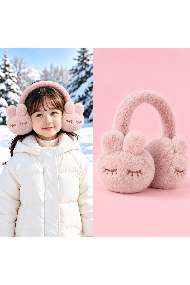 Cute Rabbit Ears Pink Young Girls' Plush Earmuff Cat Furry Bowknot Winter Ear Warmer Hat Cold-Proof