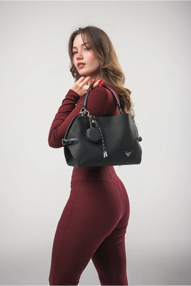 Women's Shoulder Bag with Mirror Charm Detail, Large Volume Daily Hand and Shoulder Bag, Black 18348
