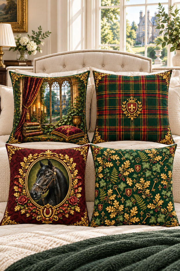 Burgundy Green Gothic Castle, Black Horse, Plaid and Botanical Patterned Decorative Throw Pillow Cover*43X43 Cm– (Double Sided)