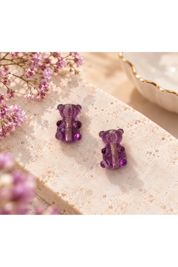 Handmade Murano Glass Jellyfish Purple Teddy Bear Beads (2 Pieces)