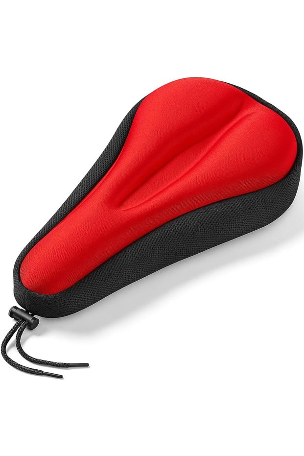 Gel Bike Seat Cushion Cover, Soft Padded Bicycle Saddle Pad with Breathable Mesh, Non-Slip Base & Adjustable Drawstring – Universal Fit 31×19×3.5 cm (Red/Black)