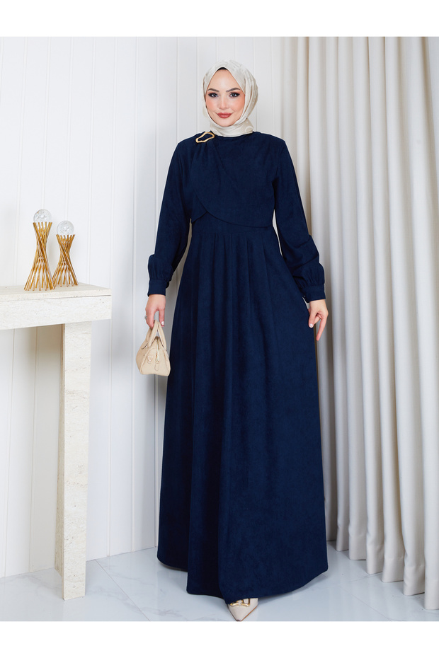 Women's Velvet Tunic Dress with Brooch Detail