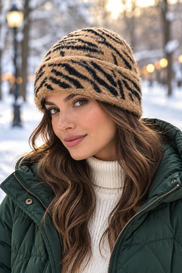 Women's Soft Bearded Zebra Pattern Folded Beanie, Winter Warm Bearded Beanie, Trendy Beanie