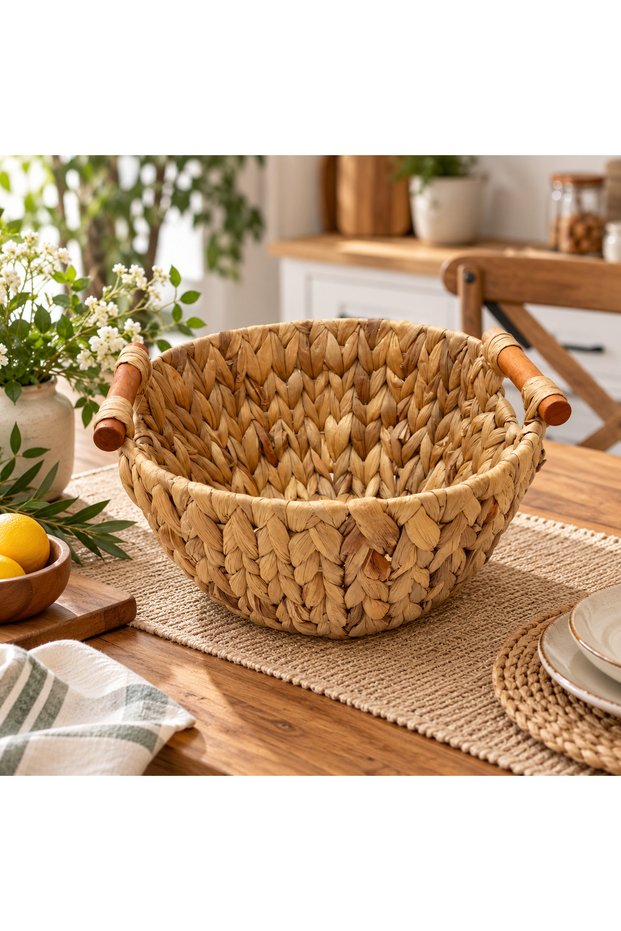 Wicker Hand-Knitted Round Basket Organizer with Wooden Handles
