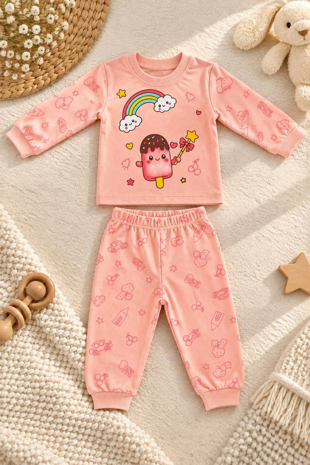 Baby Girl Rainbow and Ice Cream Printed Long Sleeve 2-Piece Top and Bottom Set