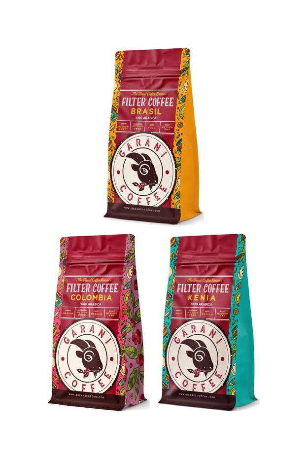 Brazil, Colombia and Kenya Filter Coffee Set 3X250 g 750 g Ground Medium Roast 100% Arabica
