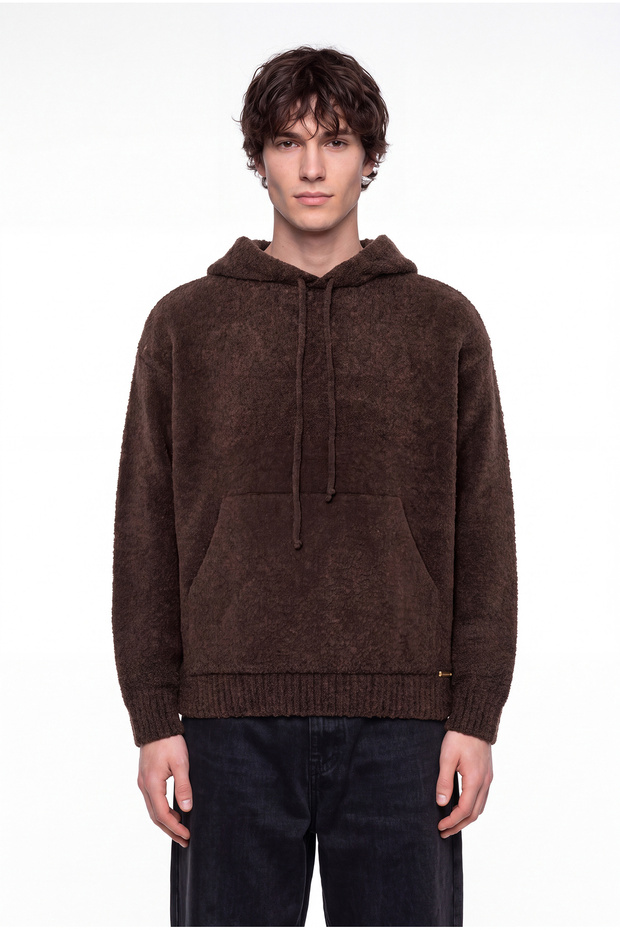 Men's Hooded Knitwear with Kangaroo Pocket Brown