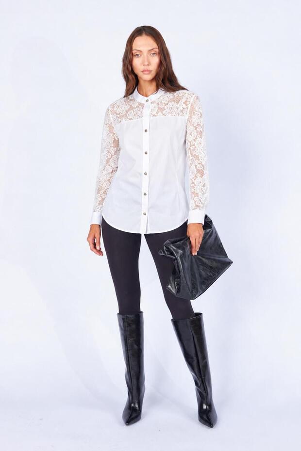 Women's White Poplin Shirt with Lace Detail on Sleeves and Body