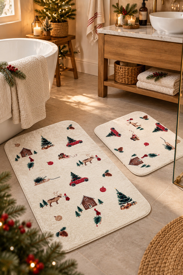 Non-Slip Base Washable 2-Piece Bath Mat - 60*100 cm - 50*60 cm - Nordik - New Year - New Year's Eve