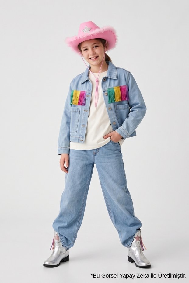 Blue Tasseled Teenage Girl's Denim Jacket with Pocket Detail - Circus