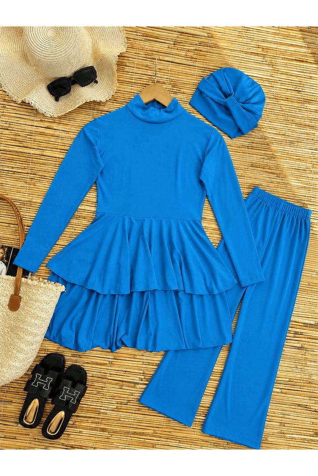 Layered Skirted Hijab Swimsuit - 1022 - Turquoise Blue