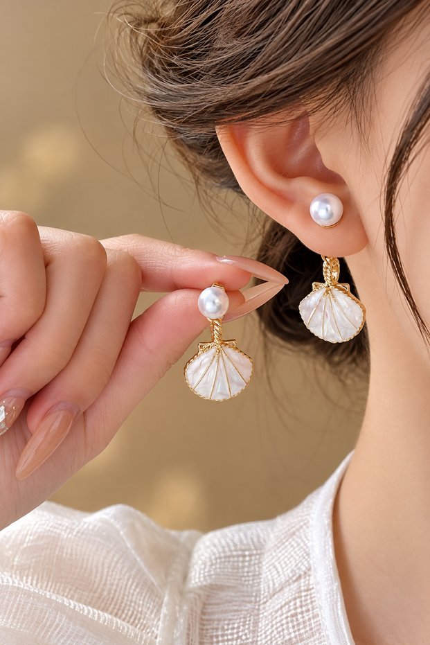 White Sea Shell Figured Pearl Detailed Gold Dangle Earrings