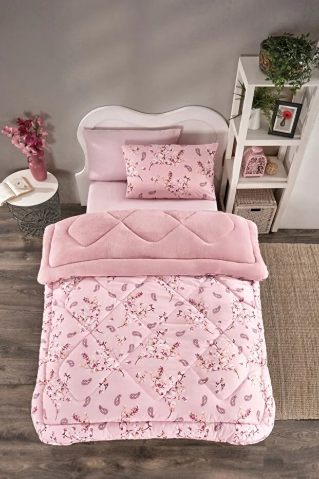 Single Person Double Sided | Lux Welsoft | Elit Yorgan | Soft Fleece Quilt and Pillowcase | Ethnic Spring Pattern Powder