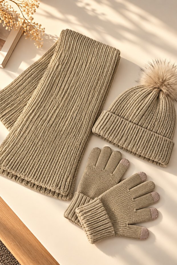 Women's Knitted Scarf, Beanie, Gloves 3-Piece Winter Accessory Set