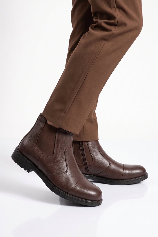 Brown Genuine Leather, Fur Inside, Side Elastic, Cold Resistant, Rubber Sole Men's Boots 455