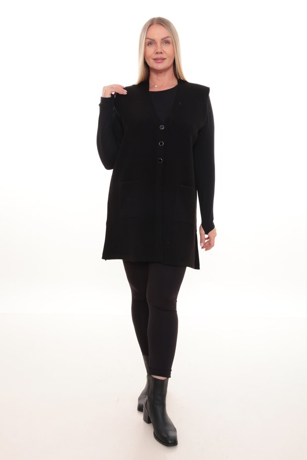 Ribbed Steel Knit Buttoned Pocketed Knitwear Winter Thick Midi Length Mother Women's Knit Vest