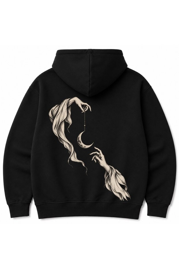 Moonbound Hands Crescent Moon Back Print Graphic Hoodie