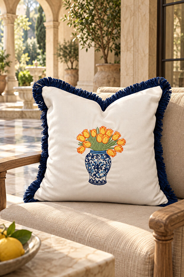 Premium Embroidered and Fringed Cushion Cover - 43*43 cm - Mediterranean Tulip - Pnk001