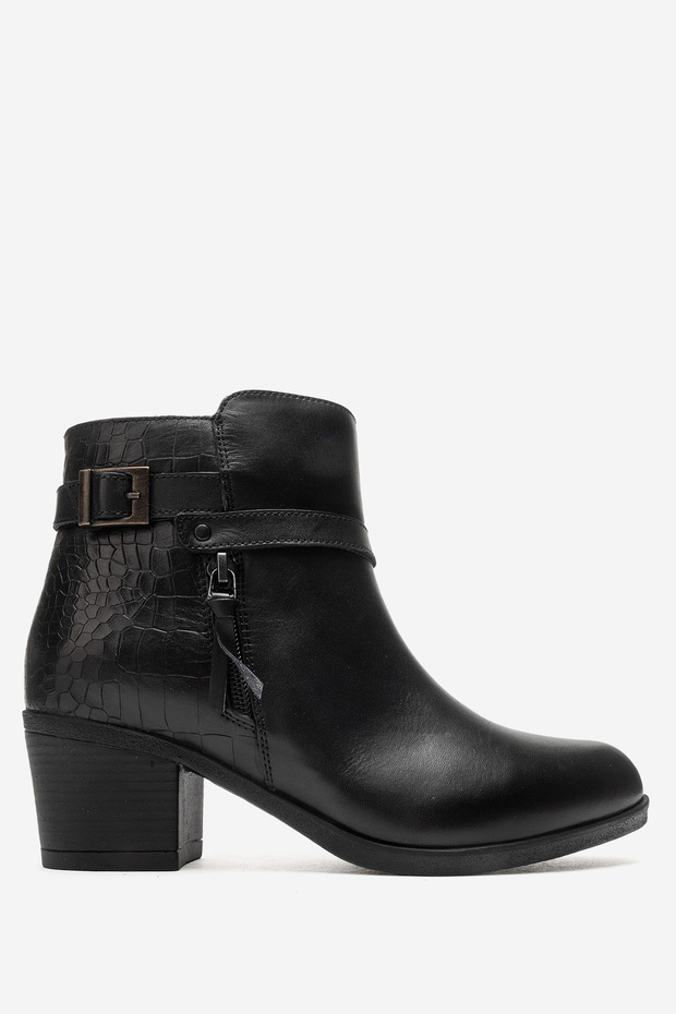 Women's Thick Heeled Buckle and Belt Detailed Zippered Boots&Booties Real Leather Br 66335 Black
