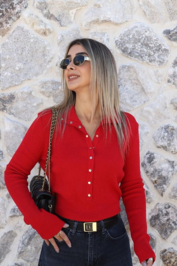 Red Standard Size Stand Collar Buttoned Knit Sweater