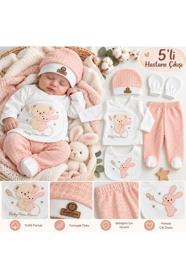 Baby Girl Teddy Bear Rabbit Patterned Organic Cotton White Color Boxed Five-Piece Bodysuit Set Hospital Release