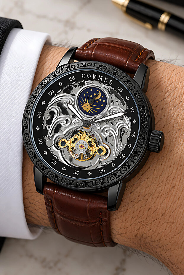 Automatic Men's Wristwatch Leather Cord Steel Case with Bracelet Gift Coffee Sdcms1113