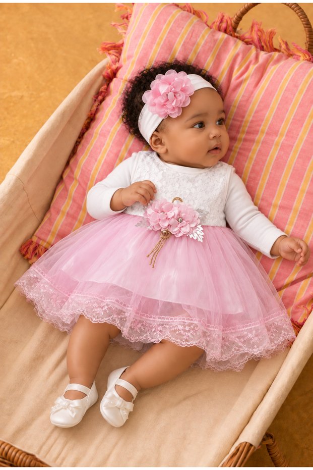 Baby Girl Floral Detailed Tulle Mevlüt Dress - with Shoes and Bandana Gift (Inner Bodysuit Included)