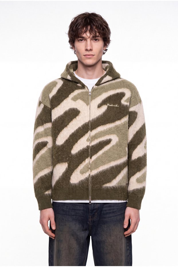 Men's Wave Patterned Hooded Knitwear with Zipper on the Front, Khaki