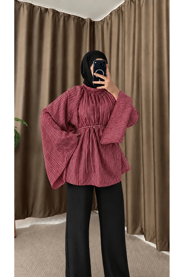 Spanish Sleeve Striped Oversize Tunic - Burgundy (Es)