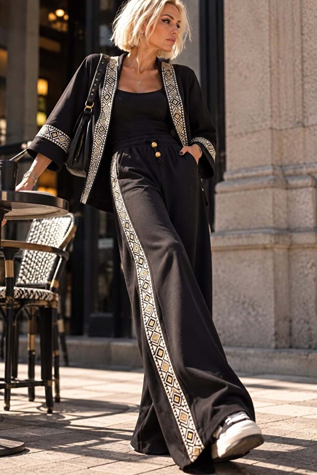 New season women's side stripe ethnic detail chamois wide leg pants