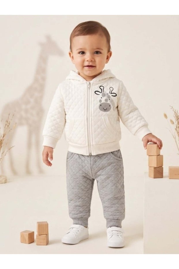 Baby Boy Giraffe Printed Hooded Cardigan Tracksuit Set