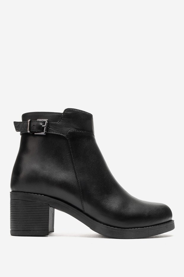 Women's Thick Heeled Buckle Zipper Boots&Booties Real Leather Br 66373 Black