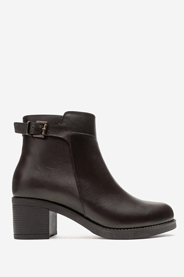 Women's Thick Heeled Buckle Zipper Boots&Booties Real Leather Br 66373 Brown