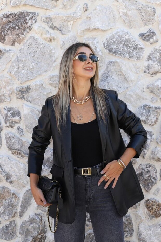 Black Button Detail Leather Blazer