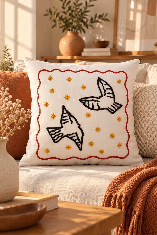 Punch Embroidered Throw Pillow Cover - 43*43 cm - Göç - Pnk001