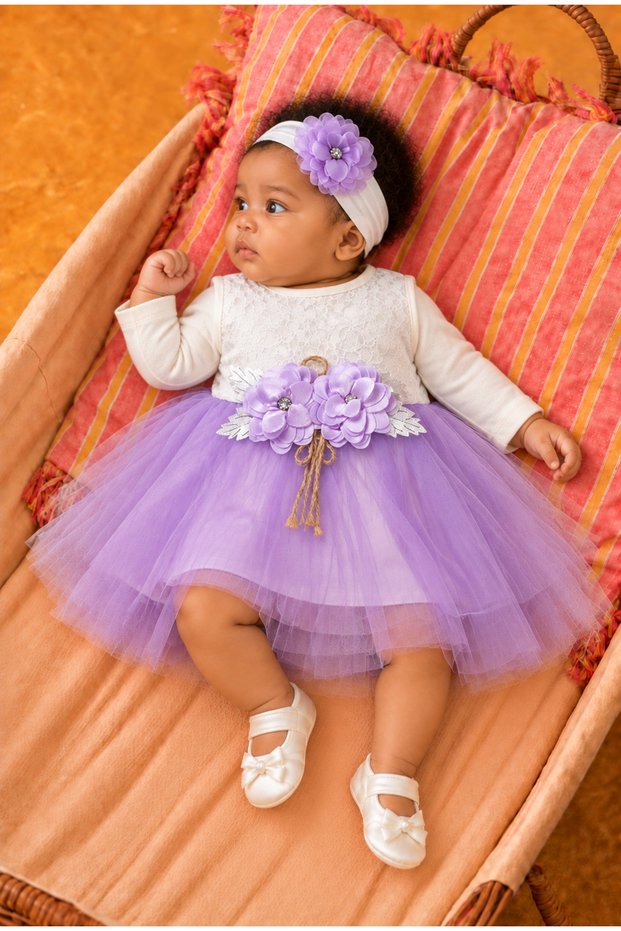 Baby Girl Floral Detailed Tulle Dress with Inner Bodysuit, Shoes and Bandana as a Gift