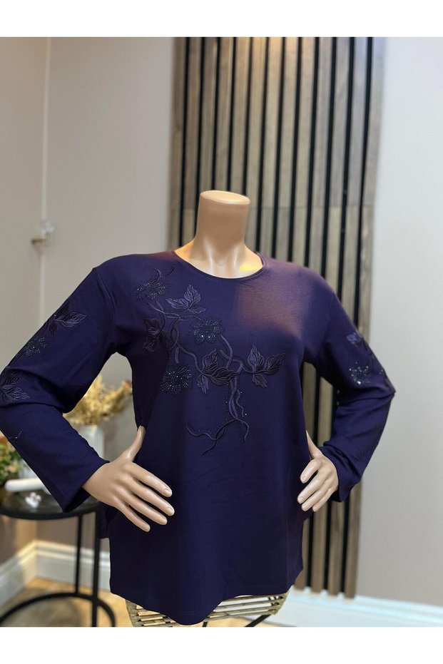 Women's Floral Embroidered and Sparkling Stone Winter Mom Combed Cotton Blouse
