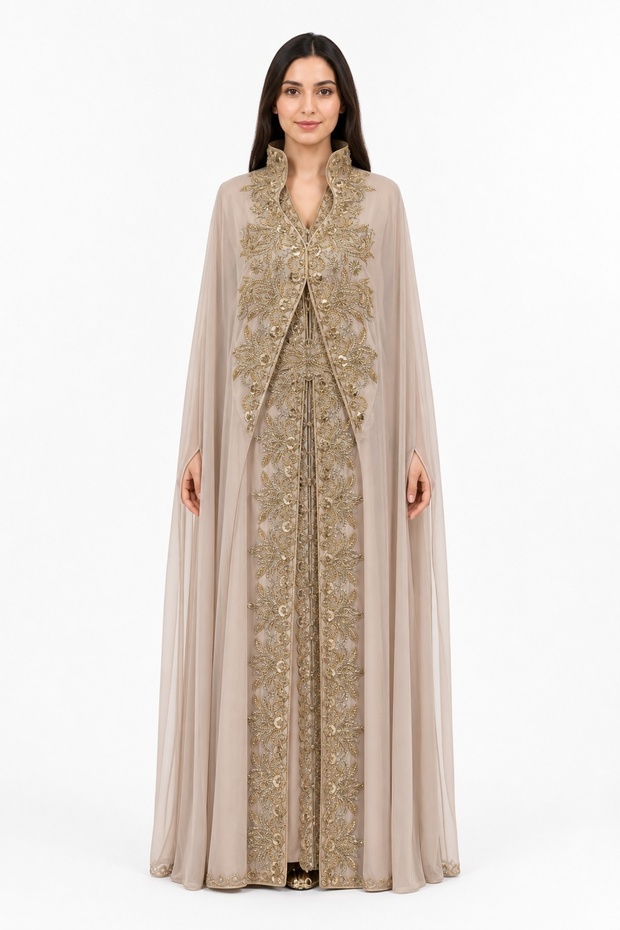 Women's Long Caftan with Hand Embellishments and Open Book Style Collar, Model 03