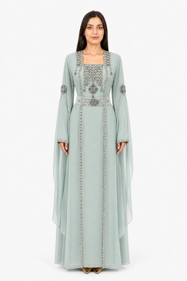 Women's Long Caftan with Shiny Stones and Extended Sleeves Above Wrist Model 04
