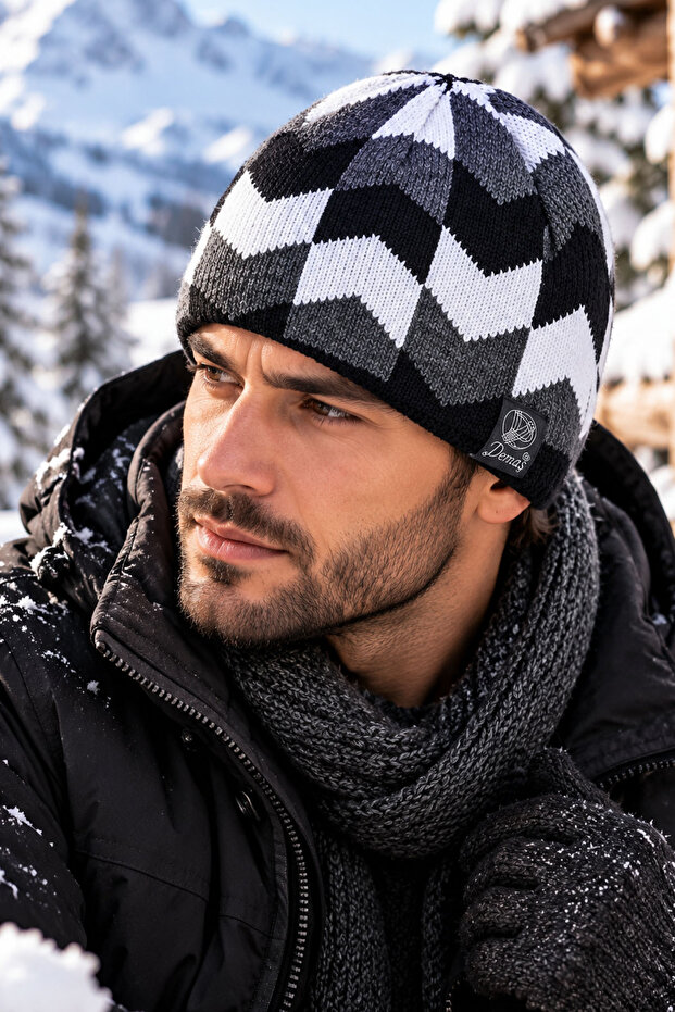 Men's Patterned Winter Beanie Striped Geometric Model Daily Snow Beanie
