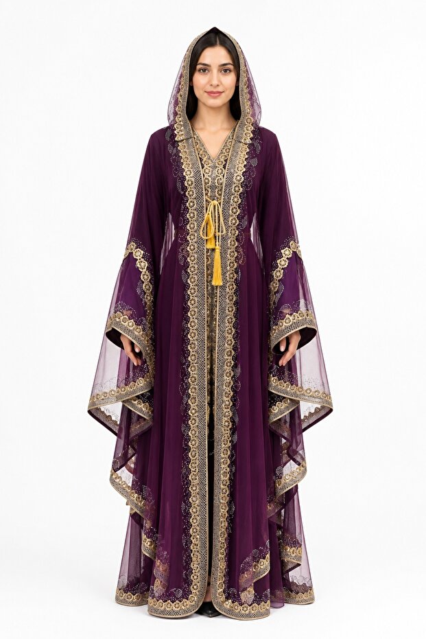 Women's Long Caftan with Shiny Stones and Chiffon Two Piece Caftan, 06