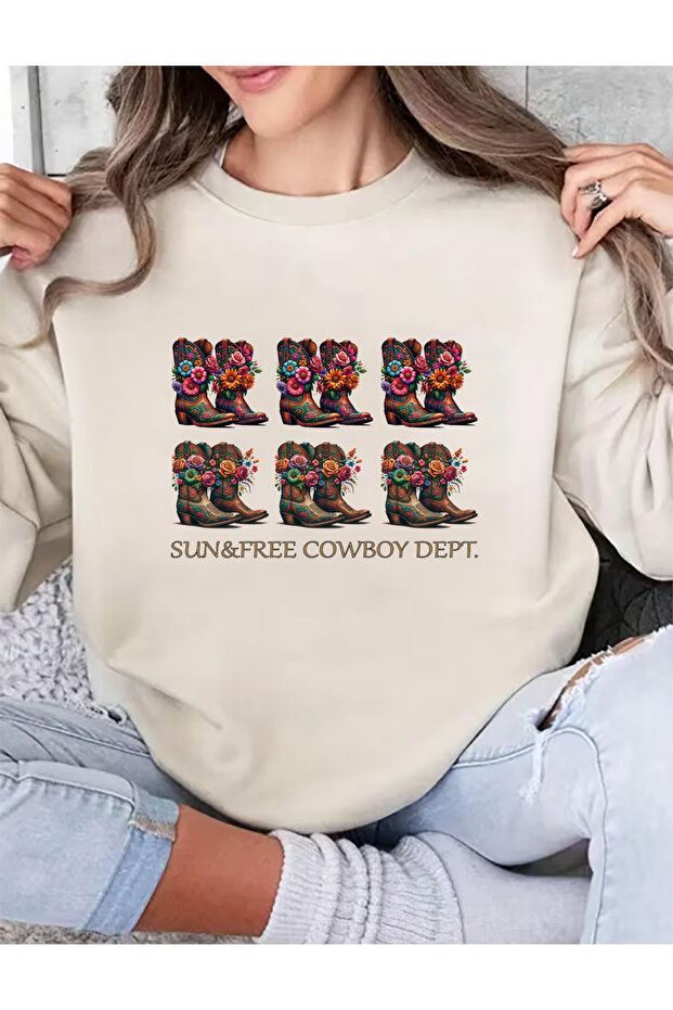 Western Mix Printed Oversize Cotton Crew Neck Basic Beige Sweatshirt