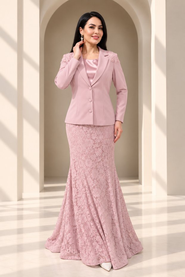 Women's Lace Jacket Skirt Set Three-Piece Set– Shoulder Embroidered Blazer Jacket, Lined Long Skirt, Blouse 3-Piece Set