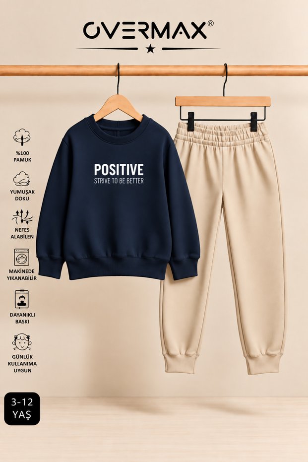 Positive Printed Children's Hoodless Sweatshirt and Sweatpants Set – Ages 3-12