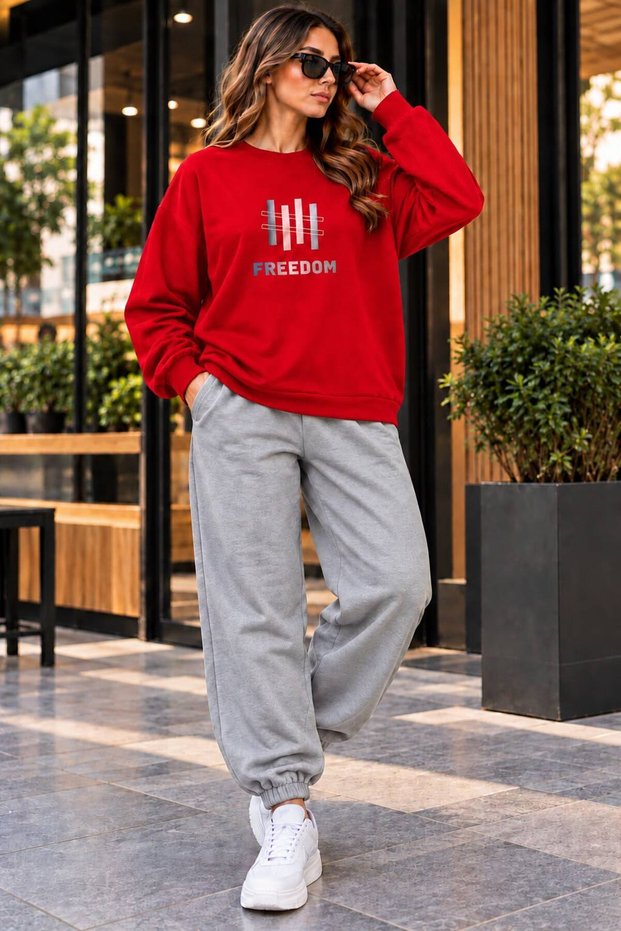 Zero Collar Sweat Suit 2-Piece Combination with Pullover and Pants Unisex Freedom Printed